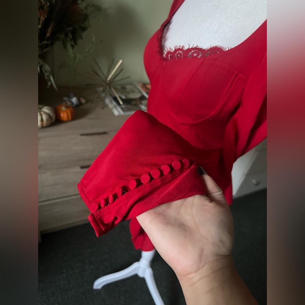 SELF PORTRAIT Red Crepe Peplum Corset Bustier Top Shirt Long-Sleeve Formal Sz 8 - Picture 8 of 16
